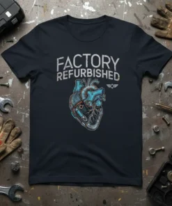 Factory Refurbished Heart T-Shirt featuring a mechanical heart graphic and distressed text, ideal for mechanics