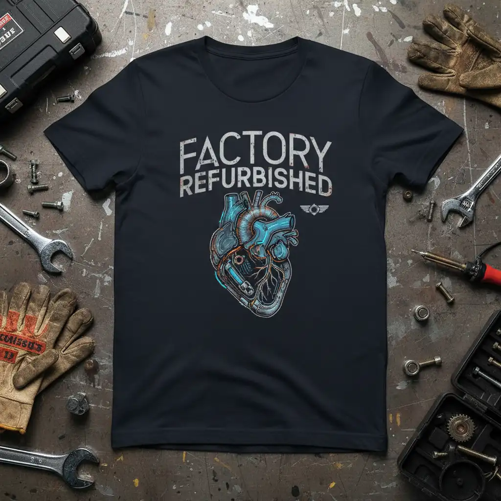 Factory Refurbished mechanical heart design with distressed text on a t-shirt