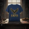 Blue t-shirt with a distressed gold eagle graphic and "FAFO" text below