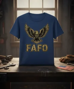Blue t-shirt with a distressed gold eagle graphic and "FAFO" text below