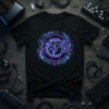 Black t-shirt with a FAFO logo in neon purple and blue, surrounded by a circular tech design and skull accents