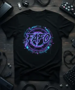 Black t-shirt with a FAFO logo in neon purple and blue, surrounded by a circular tech design and skull accents