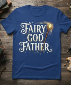 Fairy God Father text design with a magical wand and sparkles on a blue t-shirt