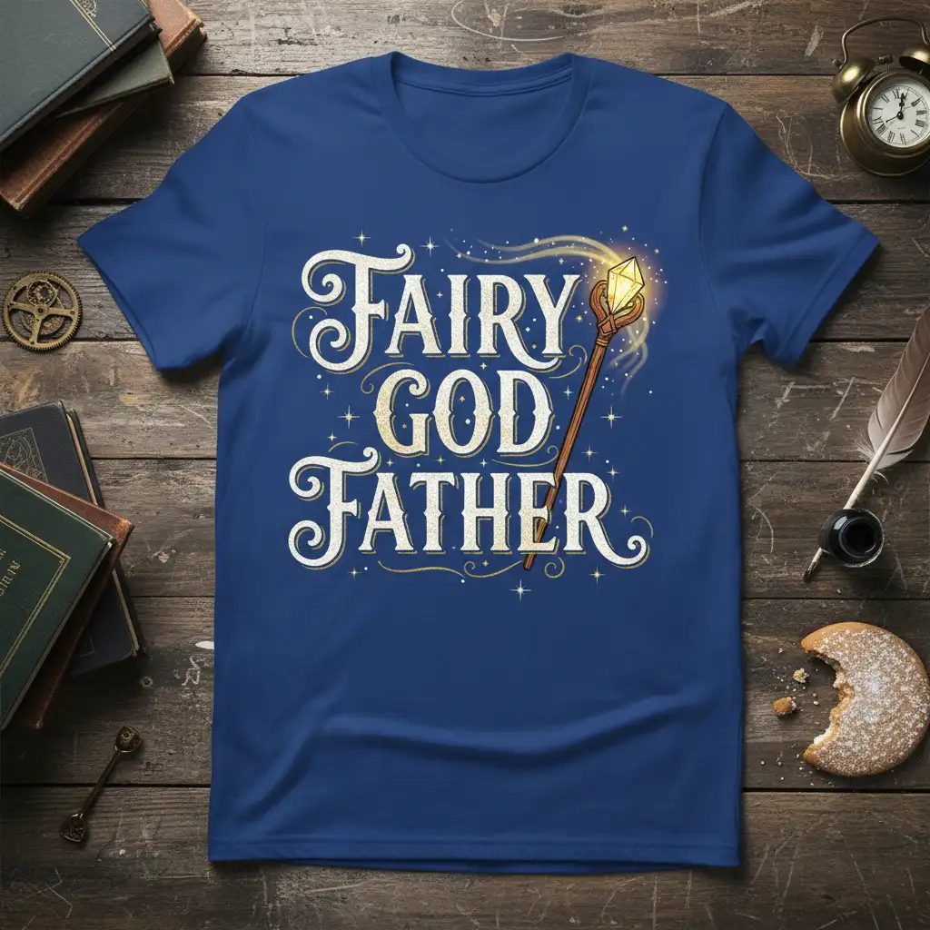 Fairy God Father text with magical wand and sparkles on a blue t-shirt