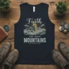 Christian t-shirt with "Faith can move MOUNTAINS MATTHEW 17:20" quote and mountain graphic