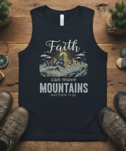 Christian t-shirt with "Faith can move MOUNTAINS MATTHEW 17:20" quote and mountain graphic
