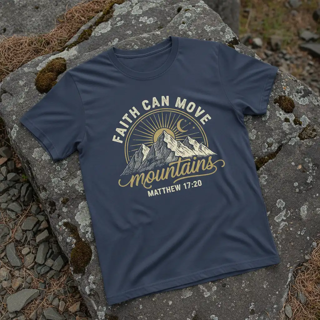 Faith Can Move Mountains Matthew 17:20 quote t-shirt with vintage mountain range illustration