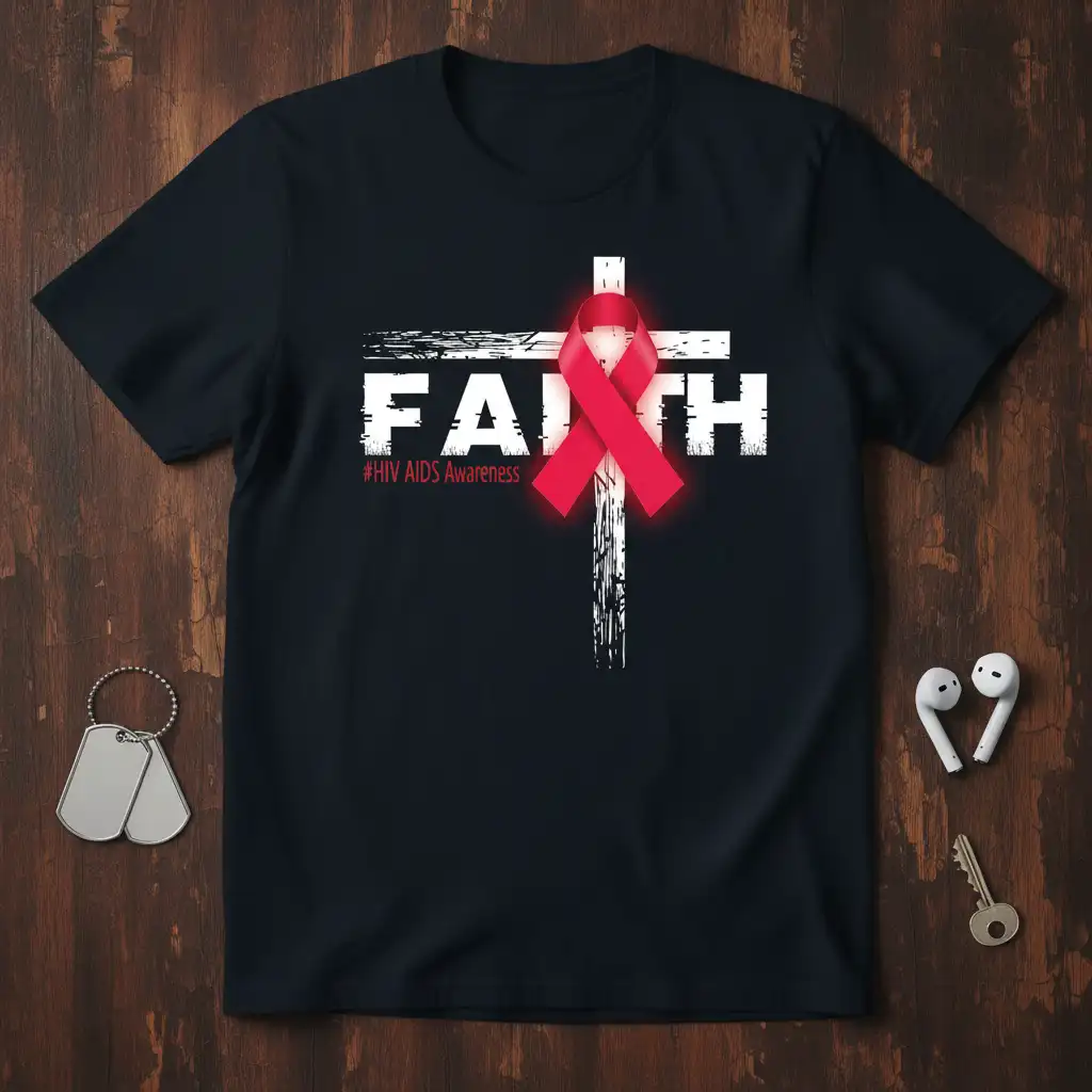 FAITH #HIV AIDS Awareness t-shirt design with red ribbon and distressed white cross
