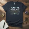 Faith is Like Wi-Fi quote t-shirt with circuit board graphic and wifi symbol, in navy blue