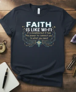 Faith is Like Wi-Fi quote t-shirt with circuit board graphic and wifi symbol, in navy blue