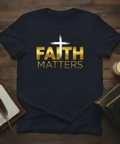 Navy t-shirt with gold "FAITH MATTERS" text and a white cross graphic, featuring a Christian theme