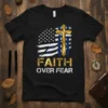 Faith Over Fear T-Shirt with USA flag, golden cross, and distressed blue stripes
