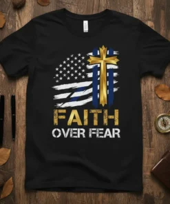 Faith Over Fear T-Shirt with USA flag, golden cross, and distressed blue stripes