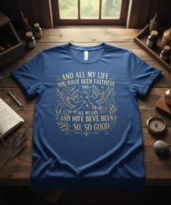 Blue t-shirt with gold text "And All My Life You Have Been Faithful And All My Life And Mife Beve