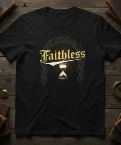 Black t-shirt with "Faithless" text, a crown of thorns arch, and an hourglass graphic