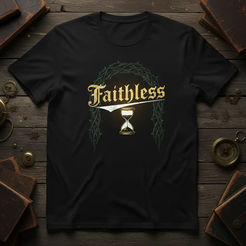 Faithless text and hourglass graphic on a black t-shirt, framed by a crown of thorns