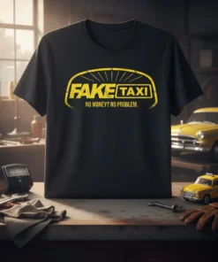 Black t-shirt with yellow "Fake Taxi No Money? No Problem." text design, featuring retro taxi logo and slogan
