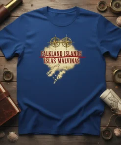 Falkland Islands Islas Malvinas map design with compasses and text on a blue t-shirt
