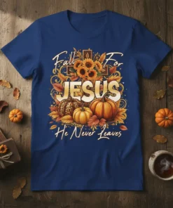 Fall For Jesus He Never Leaves Christian T-Shirt with pumpkins, sunflowers, and a cross design
