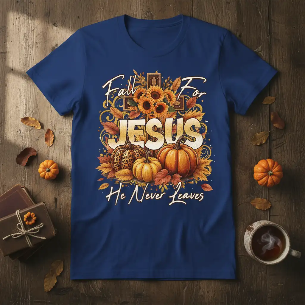 Fall For Jesus He Never Leaves Christian T-Shirt with autumn harvest graphics and inspirational text