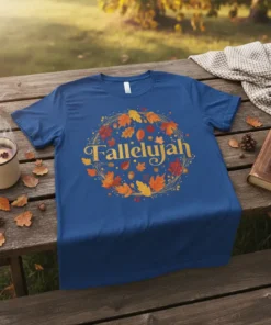 Blue t-shirt with "Falleujah" text surrounded by a decorative wreath of red, orange, and yellow autumn leaves and acorns