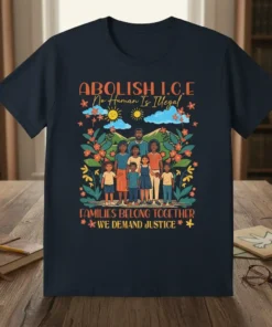 T-shirt with "Abolish ICE, No Human Is Illegal" and "Families Belong Together We Demand Justice" text, featuring a diverse family