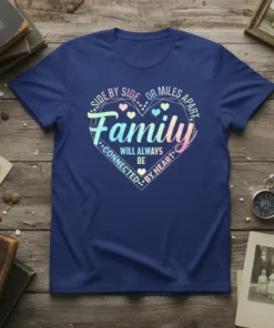 Family T-Shirt with "Side by Side... Or Miles Apart Family Will Always Be Connected By Heart" quote inside a heart
