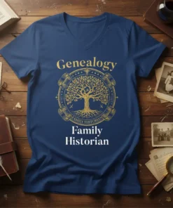 Family Historian Genealogy Tree T-Shirt in navy blue with gold design. Features text "Genealogy" and "Family Historian" with a tree