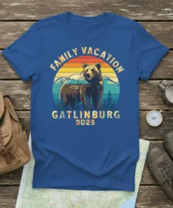 Family Vacation Gatlinburg 2025 t-shirt with a bear, mountains, and sunset graphic
