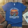 Family Vacation Grand Canyon 2025 t-shirt with circular graphic of canyon landscape at sunset and birds flying
