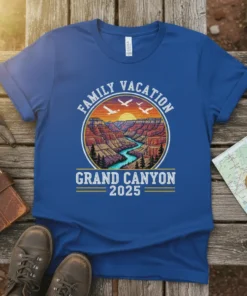 Family Vacation Grand Canyon 2025 t-shirt with circular graphic of canyon landscape at sunset and birds flying