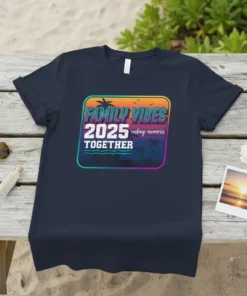 Family Vibes 2025 Making Memories Together graphic tee with sunset and palm trees