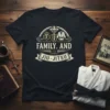 FAMILY. AND JIU-JITSU text with martial arts graphics on a black t-shirt
