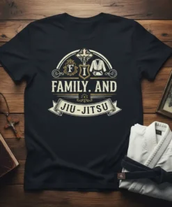 FAMILY. AND JIU-JITSU text with martial arts graphics on a black t-shirt