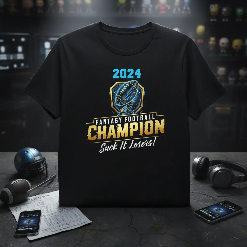 2024 Fantasy Football Champion Suck It Losers bold text with football trophy graphic on black tee