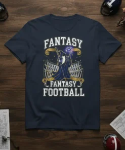 Fantasy Football Wizard T-Shirt design featuring a wizard, football, and coliseum graphic. Primary keyword: Fantasy Football Wizard