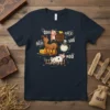 T-shirt design featuring farm animals with their sounds: OINK NEIGH QUACK BAA MOO. Includes a pig, horse, duck, sheep, and