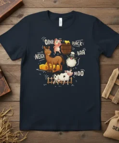 T-shirt design featuring farm animals with their sounds: OINK NEIGH QUACK BAA MOO. Includes a pig, horse, duck, sheep, and