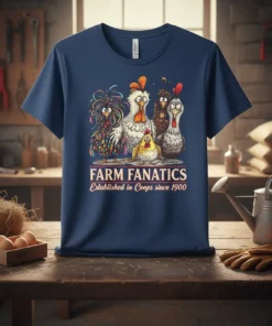 Farm Fanatics Established in Coops since 1900 t-shirt design with cartoon chickens
