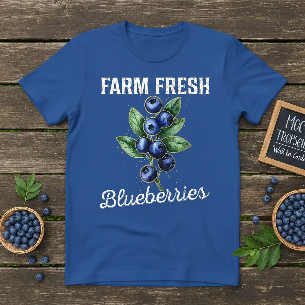 Farm Fresh Blueberries text with watercolor blueberry illustration on a vibrant blue t-shirt