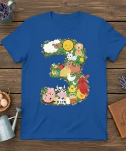 Farm Number 3 Birthday T-Shirt with sheep, dog, cow, pig, chicken, and barn graphics