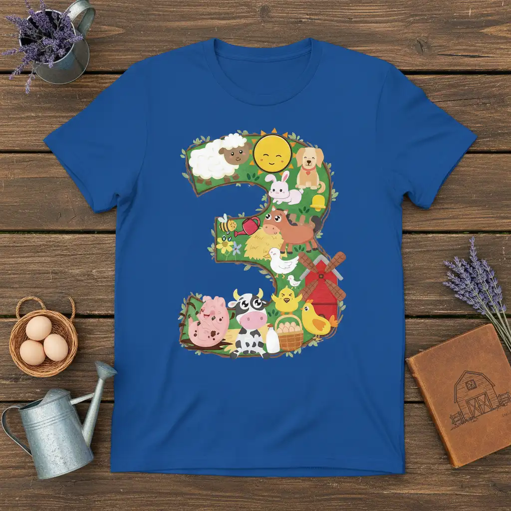 Farm Number 3 Birthday T-Shirt design with sheep, dog, cow, pig, chicken, and barn illustration