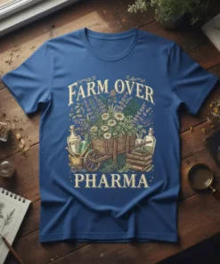 Farm Over Pharma text design with a wooden cart overflowing with herbs and flowers, and apothecary bottles