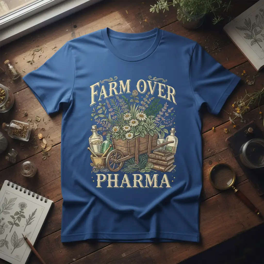 Farm Over Pharma text and herbal illustration featuring a wooden cart filled with flowers and herbs