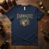 Navy blue t-shirt with "Farmacist" text and a golden mortar and pestle with botanical accents