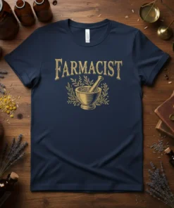 Navy blue t-shirt with "Farmacist" text and a golden mortar and pestle with botanical accents
