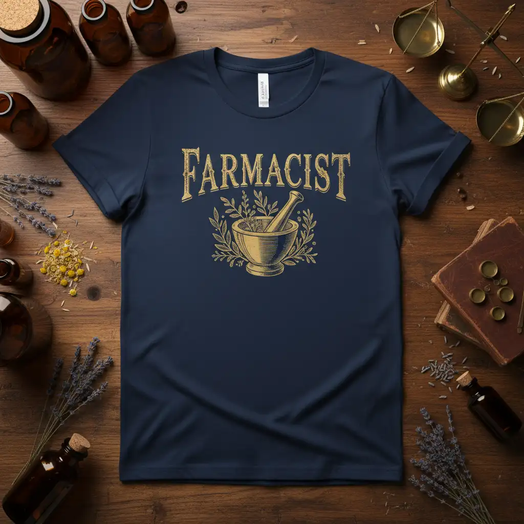 Vintage Farmacist text and mortar pestle graphic on navy blue t-shirt for pharmacy professionals