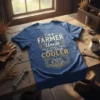 Blue t-shirt with "I'm a Farmer Uncle Like a Normal Uncle Just Much Cooler" text and a vintage tractor graphic