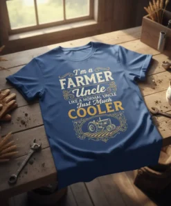 Blue t-shirt with "I'm a Farmer Uncle Like a Normal Uncle Just Much Cooler" text and a vintage tractor graphic