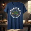 Farming Because Starving Sucks quote with a vintage green tractor illustration on a navy t-shirt
